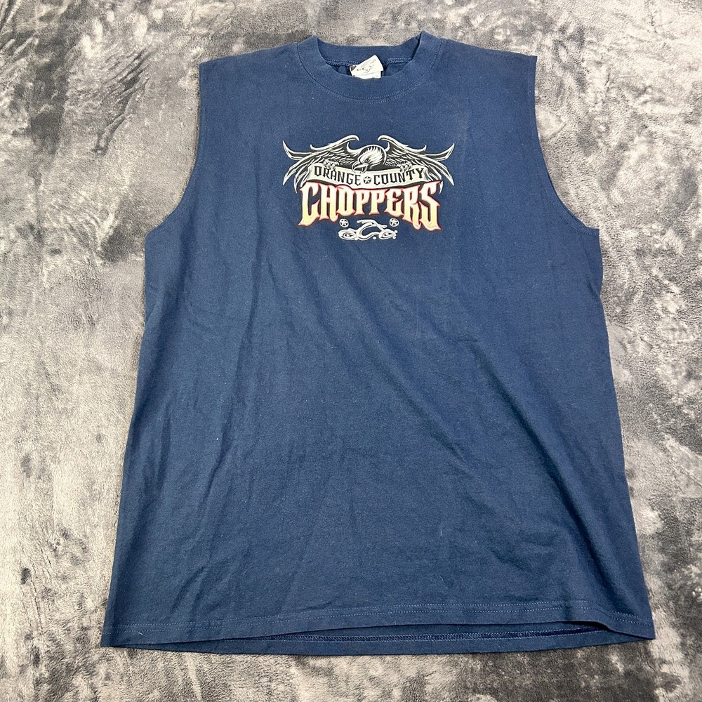 Orange County Choppers Y2K Biker Mens Large Navy Blue‎ Graphic Print Sleeveless